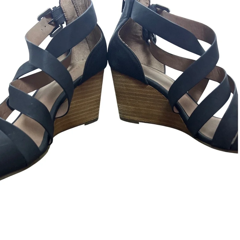 Crown Vintage Womens Black Strappy Wedge Sandals Back Zip 8.5M Gladiator Office‎